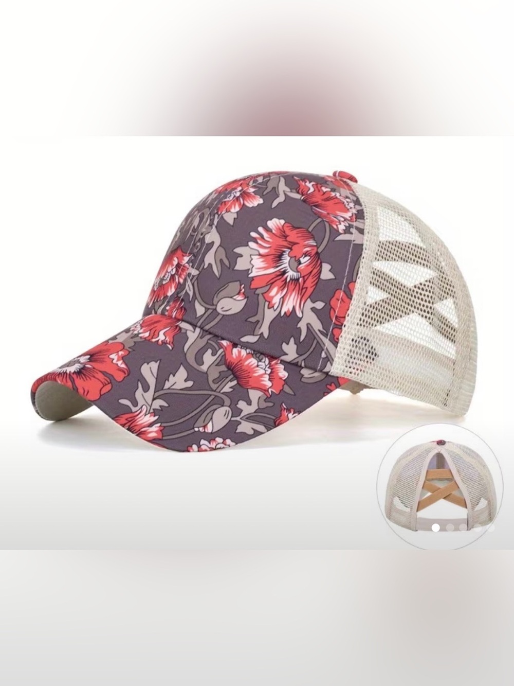 Floral Mesh-Back Trucker Cap - Gray & Red, Criss Cross Ponytail Back